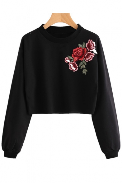 Hot Popular Chic Floral Embroidered Round Neck Long Sleeve Pullover Cropped Sweatshirt