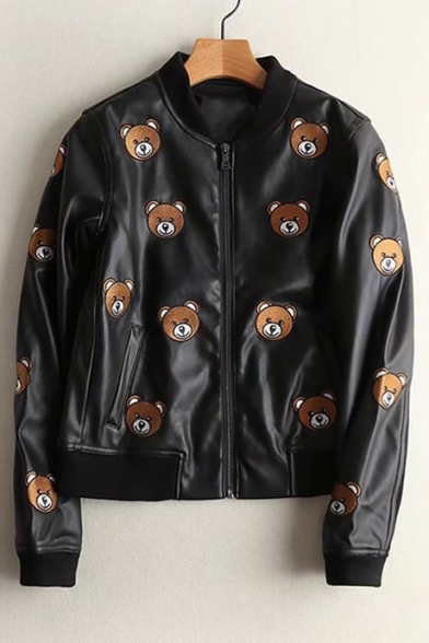 Lovely Cartoon Bear Pattern Stand-Up Collar Zip Up PU Casual Jacket