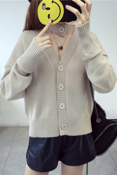 New Arrival Fashion Plain Reversible V Neck Long Sleeve Buttons Down Cardigan with Scarf
