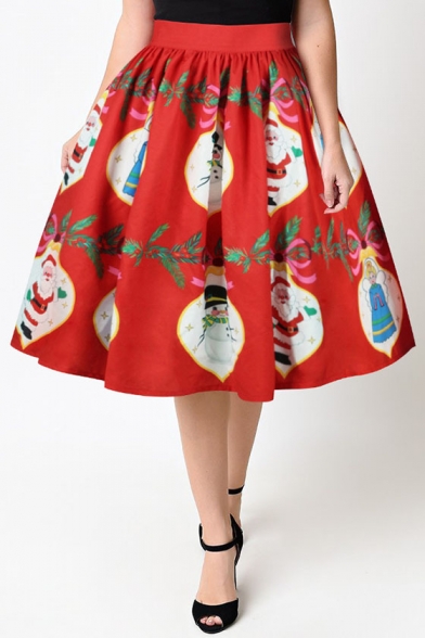 New Collection 3D Christmas Santa Claus Pattern Midi Flared Skirt