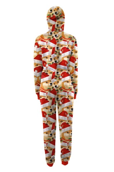 New Stylish Digital Christmas Dog Pattern Hooded Long Sleeve Jumpsuits