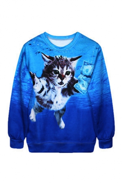 New Trendy Digital Cartoon Cat Printed Long Sleeve Round Neck Sweatshirt