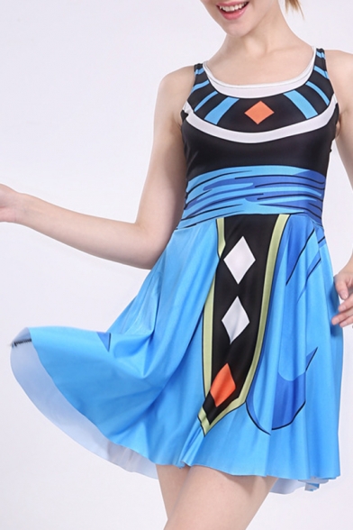 New Trendy Fashion Digital Color Block Sleeveless Scoop Neck Mini A-Line Dress