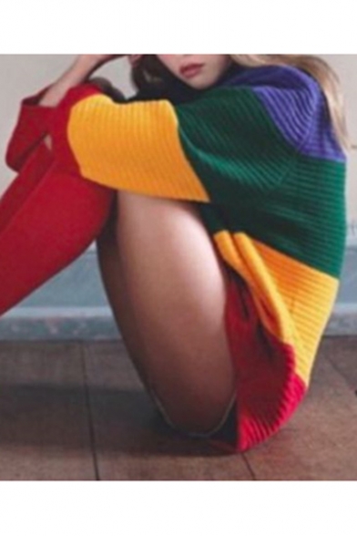 Street Style Fashion Color Block Loose Oversize Mock Neck Long Sleeve Sweater
