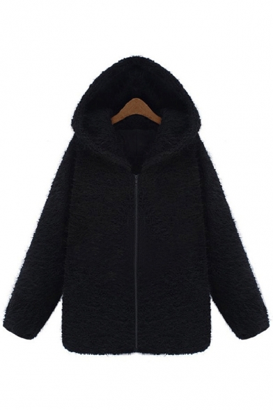 Winter's Warm Simple Plain Hooded Long Sleeve Zip Up Fur Coat