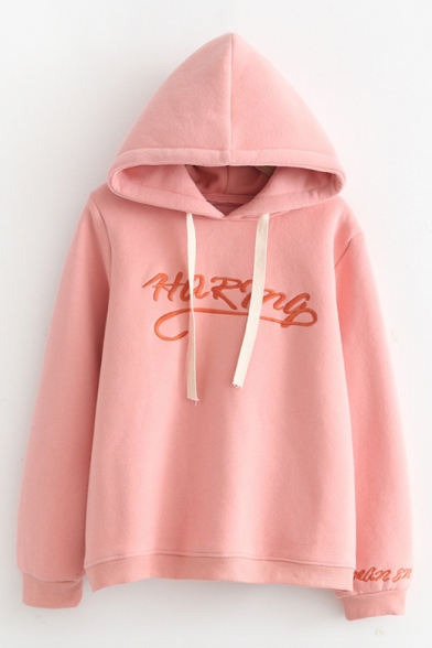 Basic Simple Letter Embroidered Casual Loose Long Sleeve Hoodie