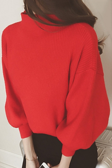 Basic Simple Plain High Neck Lantern Sleeve Warm Loose Pullover Sweater
