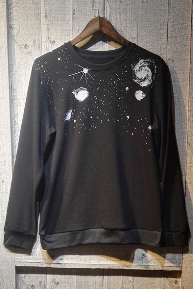 Basic Simple Universe Pattern Long Sleeve Round Neck Pullover Sweatshirt