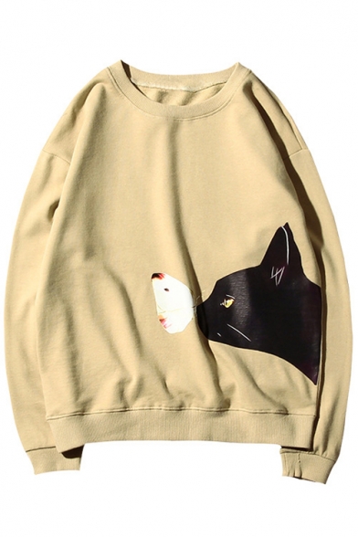Cartoon Cat Pattern Round Neck Long Sleeve Relaxed Casual Unisex Sweatshirt