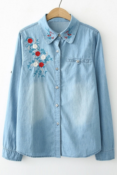 Chic Floral Embroidered Long Sleeve Lapel Collar Buttons Down Denim Shirt