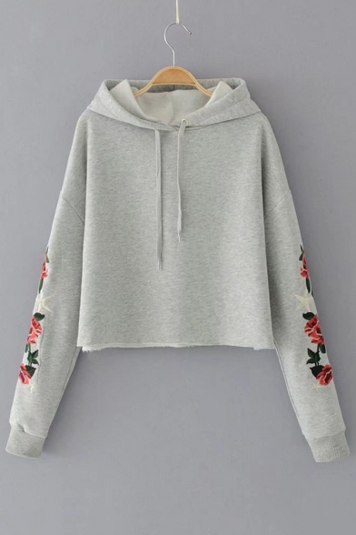 Chic Floral Embroidered Long Sleeve Loose Leisure Cropped Hoodie