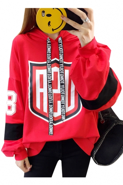 Color Block Letter Print Long Bubble Sleeve Hoodie in Loose Fit