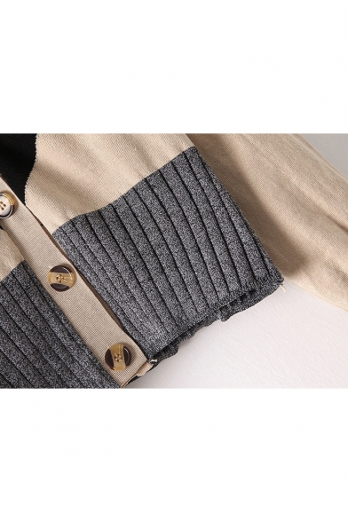 Color Block V Neck Long Sleeve Cardigan with Sleeveless Plain Midi Knit Dress