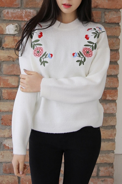Fashion Floral Embroidered Mock Neck Long Sleeve Casual Pullover Sweater