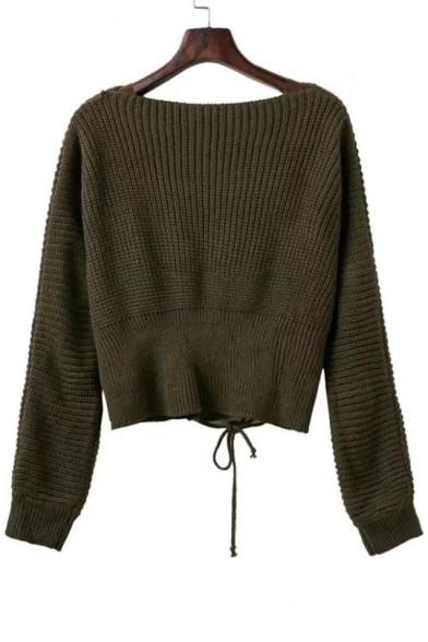Fashion Lace-Up Gathered Waist Boat Neck Long Sleeve Plain Sweater