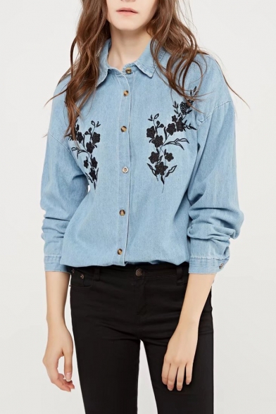 Floral Embroidered Button Down Long Sleeve Denim Shirt
