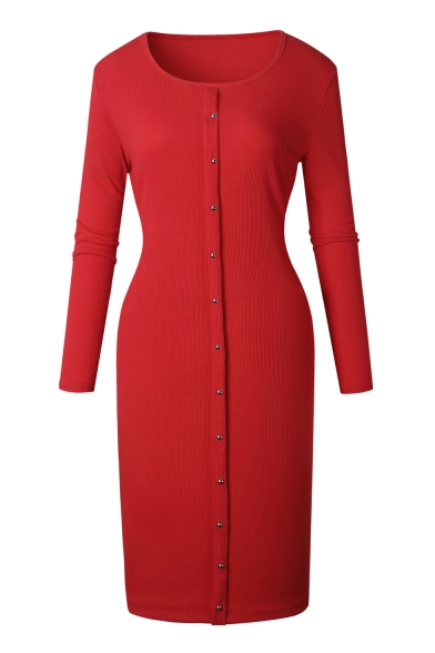 Hot Fashion Long Sleeve Round Neck Basic Plain Buttons Down Midi Knit Dress