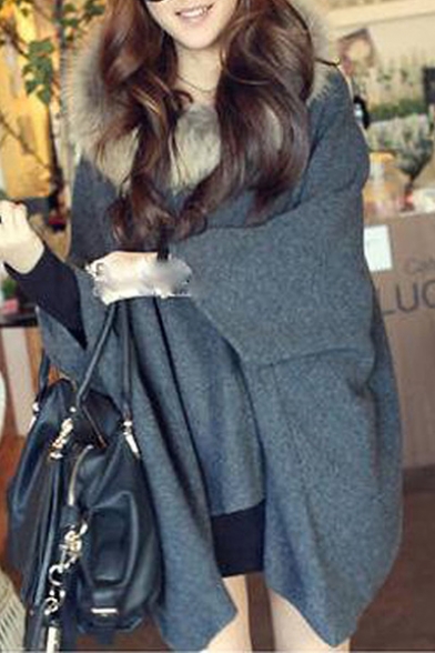 Loose Oversize Fur Hooded Chic Asymmetrical Hem Plain Cape Coat
