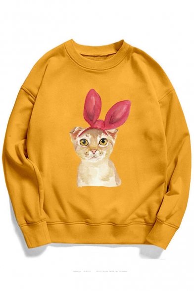 Lovely Cartoon Bow Cat Pattern Round Neck Long Sleeve Sweatshirt for Couple