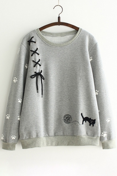 Lovely Cartoon Cat Pattern Long Sleeve Round Neck Casual Loose Sweatshirt