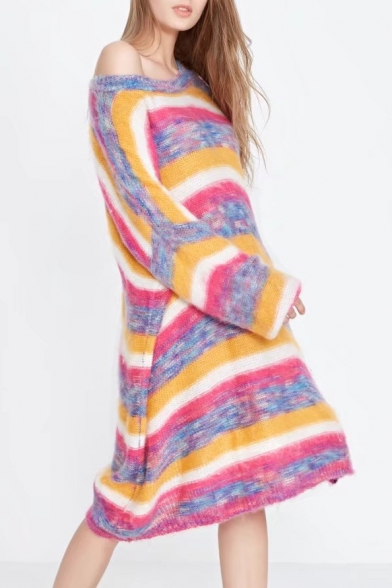 Round Neck Long Sleeve Oversize Loose Colorful Striped Print Tunic Sweater