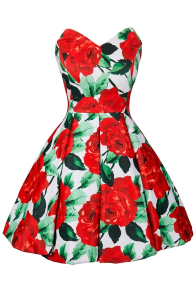 Summer's Vintage Floral Pattern Bandeau Elegant Mini A-Line Dress