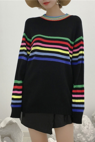Chic Color Block Striped Pattern Long Sleeve Round Neck Basic Pullover Sweater