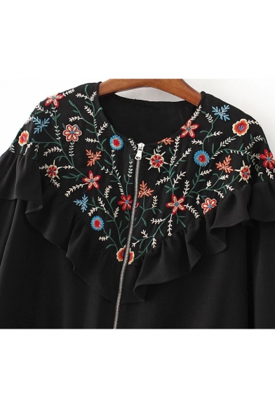 Chic Floral Embroidered Fashion Ruffle Hem Collarless Zip Up Coat