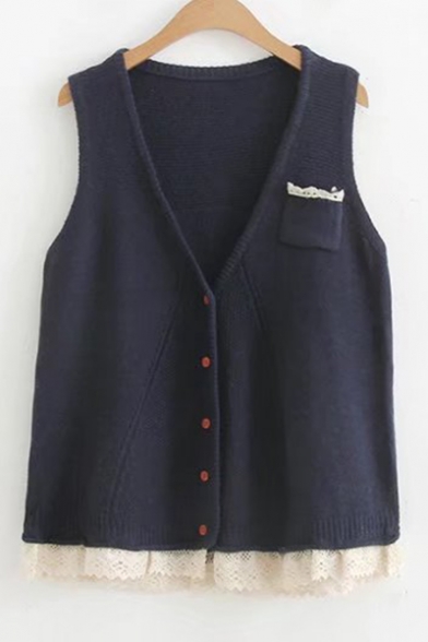 Chic Lace Patched Hem V Neck Sleeveless Buttons Down Vest with Single Pocket