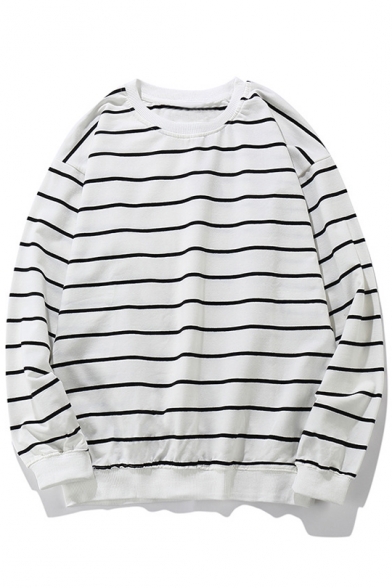 Classic Striped Pattern Long Sleeve Round Neck Casual Pullover Sweatshirt