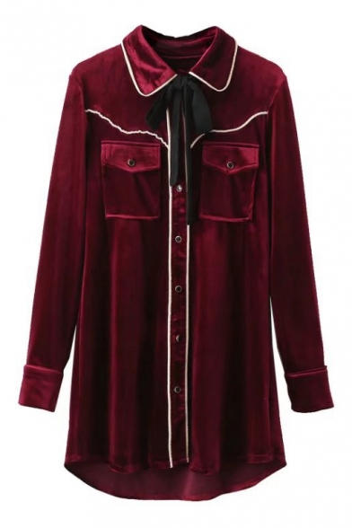 Collared Tied Neck Buttons Down Contrast Trim Velvet Shirt With Pockets