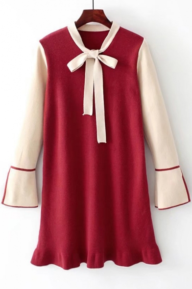 Color Block Tie Front Long Bell Sleeve Ruffle Hem Knit Short Dress