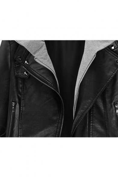 Contrast Hooded Long Sleeve Zip Up Basic Fashion PU Biker Jacket