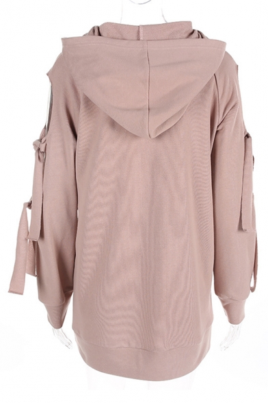 Fashion Knotted Hollow Out Long Sleeve Simple Plain Tunic Hoodie