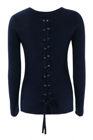 Hot Fashion Lace-Up Hollow Out Back Round Neck Long Sleeve Plain Sweater