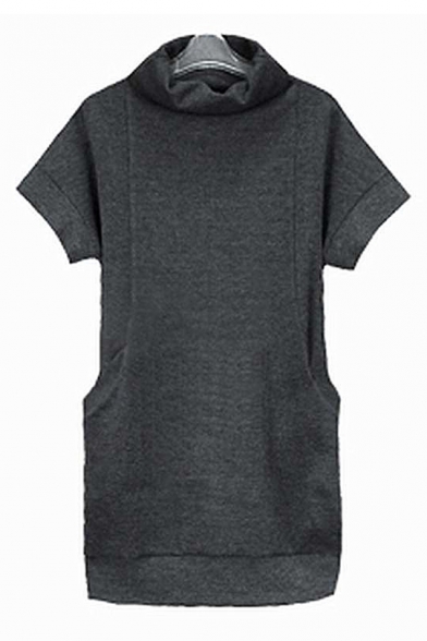 New Arrival Turtle Neck Short Sleeve Simple Plain Tunic Sweater