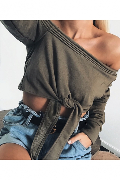 New Collection Sexy Off The Shoulder Long Sleeve Plain Cropped Blouse