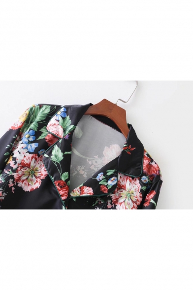 New Fashion Floral Pattern Notched Lapel Collar Long Sleeve Buttons Down Shirt