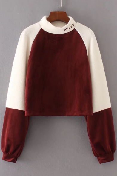 Simple Letter Embroidered Mock Neck Long Sleeve Color Block Velvet Sweatshirt