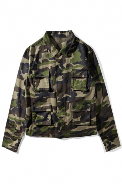 Street Style Floral Camouflage Printed Lapel Collar Single Breasted Utility Jacket