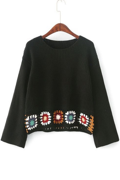 Tribal Printed Crochet Hem Long Sleeve Round Neck Pullover Basic Sweater