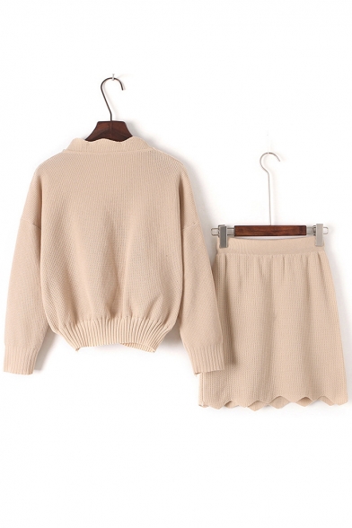 V-Neck Ruffle Trim Long Sleeve Sweater with Elastic Midi Skirt
