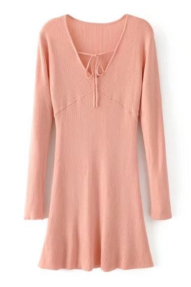 V Neck Tied Front Long Sleeve Ribbed Midi Knitted Dress