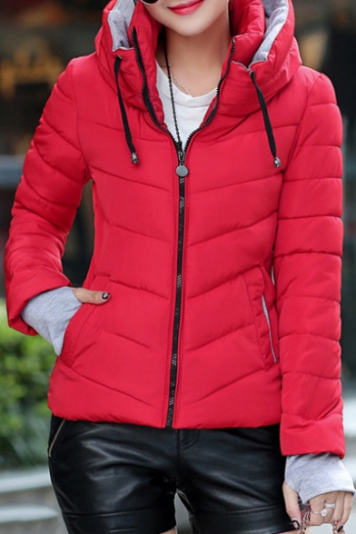 Winter's Basic Plain Hooded Long Sleeve Zip Up Warm Padded Coat