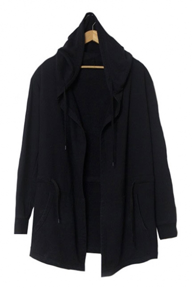 Casual Loose Simple Plain Long Sleeve Hooded Cape Coat