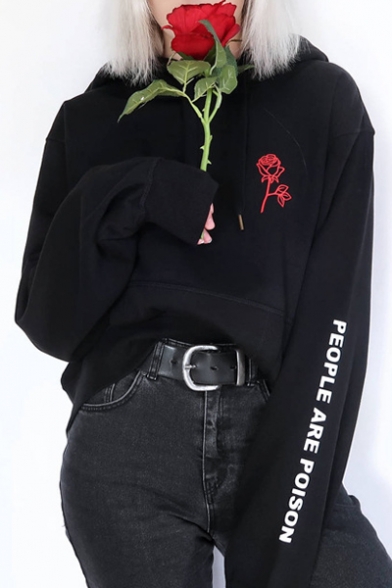 Chic Floral Embroidered Letter Pattern Long Sleeve Loose Leisure Hoodie