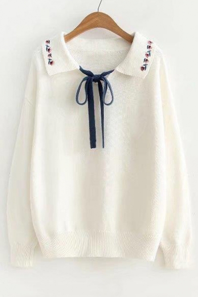Chic Floral Print Collar Bow Embellished Long Sleeve Pullover Sweater