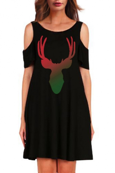 Christmas Deer Printed Round Neck Cold Shoulder Short Sleeve Midi T-Shirt Dress
