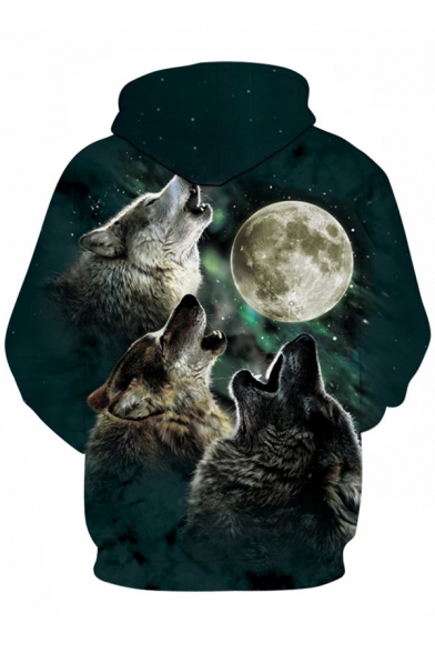 Digital Moon Wolf Pattern Casual Leisure Long Sleeve Unisex Hoodie with Pockets