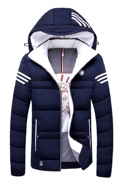 Fashion Color Block Striped Pattern Winter's Hooded Zip Up Warm Padded Coat